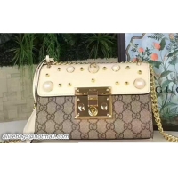 Luxury Gucci Padlock Pearl Studded Detail GG Supreme Shoulder Bag 409487 White 2017