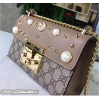 Good Looking Gucci Padlock Pearl Studded Detail GG Supreme Shoulder Bag 409487 Beige 2017