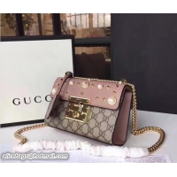 Low Cost Gucci Padlock Pearl Studded Detail GG Supreme Shoulder Bag 409487 Pink 2017