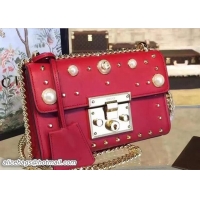 Good Quality Gucci Padlock Pearl Studded Detail GG Calfskin Leather Shoulder Bag 409487 Red 2017