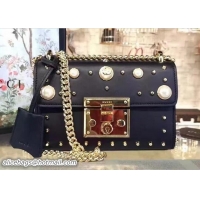 Classic Hot Gucci Padlock Pearl Studded Detail GG Calfskin Leather Shoulder Bag 409487 Black