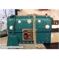 Unique Style Gucci Padlock Pearl Studded Detail GG Calfskin Leather Shoulder Bag 409487 Green