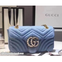 Fashion Luxury Gucci GG Marmont Matelassé Chevron With Pearl Small Chain Shoulder Bag 443497 Blue