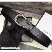 Best Grade Gucci Width 3.5CM Crstal Dionysus Buckle Leather Belt Black G7215