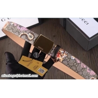 Stylish Gucci Width 3.5cm GG Canvas Embroidered Felid Metal Buckle Belt Pink 41196