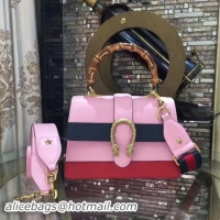 Good Looking Gucci Now Bamboo Smooth Leather Top Handle Bag 448075 Pink&Blue&Red