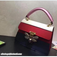 Best Quality Gucci Queen Margaret Leather Metal Bee Detail Top Handle Bag 476541 White/Red/Dark Blue