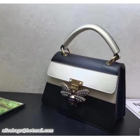 Good Quality Gucci Queen Margaret Leather Metal Bee Detail Top Handle Bag 476541 Black/White 2017