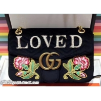 Hand Held Gucci GG Marmont Embroidered Loved And Floral Velvet Chevron Medium Shoulder Bag 443496 Black 2017