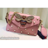 Popular Style Gucci Pearl Studs And Metal Bee Broadway Leather Chain Clutch Bag 453778 Pink 2017