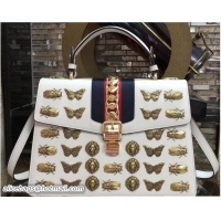 Good Product Gucci Sylvie Metal Animal Insects Studs Leather Top Handle Medium Bag 431665 White 2017