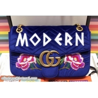 Purchase Gucci GG Marmont Embroidered Modern And Rose Velvet Chevron Medium Shoulder Bag 443496 Blue 2017