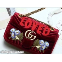 Shop Gucci GG Marmont Chevron Velvet Small Chain Shoulder Bag 443497 Embroidered Loved And Floral Bordeaux 2017