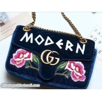 Good Quality Gucci GG Marmont Chevron Velvet Small Chain Shoulder Bag 443497 Embroidered Modern And Rose Blue 2017