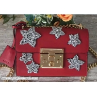 Unique Discount Gucci Padlock Shoulder Small bag 432182 Crystal Embroidered Star Red 2017