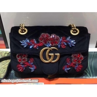 Famous Gucci GG Marmont Chevron Embroidered Crystal Bow Velvet Mini Bag 446744 Black 2017