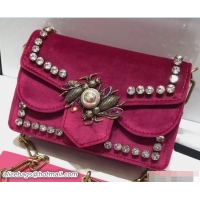 Popular Style Gucci Broadway Crystals And Metal Bees Velvet Mini Bag 489218 Fuchsia 2017