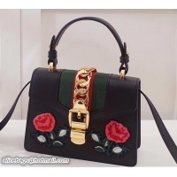 Shop Duplicate Gucci Sylvie Leather Top Handle Shoulder Mini Bag 470270 Black/Flower 2018