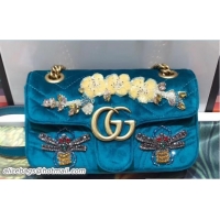 Shop Gucci GG Marmont Chevron Embroidered Crystal Dragonfly and Flower Velvet Mini Bag 446744 Turquoise 2018