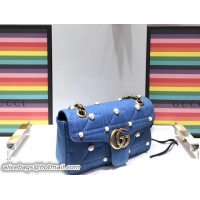 Well Crafted Gucci GG Marmont Pearl Studs Matelassé Small Shoulder Bag 443497 Denim Blue 2018