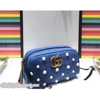 Unique Gucci GG Marmont Pearl Studs Matelassé Small Shoulder Bag 447632 Denim Blue 2018