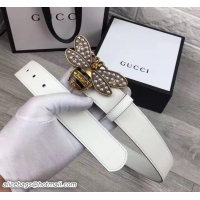 Fashion Style Gucci Width 3.5cm Metal Bee With Pearls Crystals Buckle Belt 20701 White