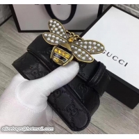 Fashion Gucci Width 3.5cm Metal Bee With Pearls Crystals Buckle Guccissima Belt 20701 Black