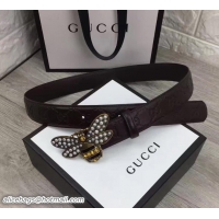 Classic Hot Gucci Width 3.5cm Metal Bee With Pearls Crystals Buckle Guccissima Belt 20701 Fuchsia