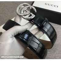 Crafted Gucci Width 3.8cm Croco Pattern Leather Belt with Double G Buckle Silver Hardware 20822 2018