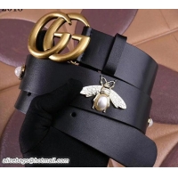 Durable Gucci Width 3.8cm Pearl and Bee Leather Belt Black with Double G Buckle Gold Hardware 20808 2018