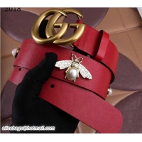 Good Quality Gucci Width 3.8cm Pearl and Bee Leather Belt Red with Double G Buckle Gold Hardware 20808 2018