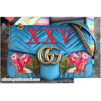 Unique Style Gucci GG Marmont Embroidered Flower and XXV Velvet Chevron Medium Shoulder Bag 443496 Turquoise 2018