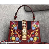 Luxury Gucci Sylvie Web Patent Leather Top Handle Shoulder Mini Bag 470270 Red Embroidered Flower 2018