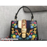 Good Quality Gucci Sylvie Web Patent Leather Top Handle Shoulder Mini Bag 470270 Black Embroidered Flower 2018