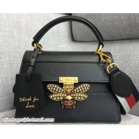 Good Quality Gucci Queen Margaret Metal Bee Small Top Handle Bag 476541 Leather Black 2018