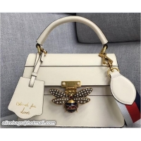 Low Cost Gucci Queen Margaret Metal Bee Small Top Handle Bag 476541 Leather White 2018