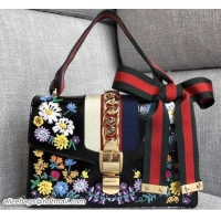 Stylish Gucci Embroidered Flower Sylvie Small Shoulder Bag 421882 Black 2018