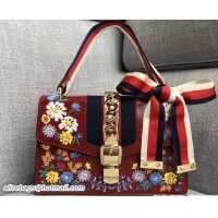 Luxury Gucci Embroidered Flower Sylvie Small Shoulder Bag 421882 Dark Red 2018