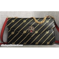 Fashion Gucci Double G And Feline Head With Crystals Medium Double Shoulder Bag 524822 Black/Red 2018