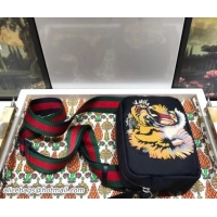 Charming Gucci Black Canvas Shoulder Bag with Embroidered Panther Face 523323 2018