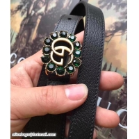 Sumptuous Gucci Width 2cm Leather Belt with Double G and Green Crystals Buckle 519797