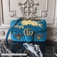 Perfect Gucci Marmont Chevron Beetle Embroidered Velvet Shoulder Bag 22cm 443497 Turquoise