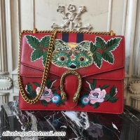 Luxury Gucci Dionysus Shoulder Bag 30cm 400235 Raccoon Appliqué/Floral Embroidery Calfskin Leather Burgundy Red