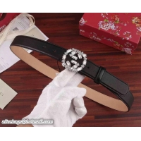 Best Quality GUCCI Thin Leather Belt With Crystal GG 354380 AP00K 1000 Black