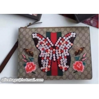 Unique Discount Gucci Embroidered Butterfly GG Supreme Canvas Men's Zipper Pouch Clutch Bag 433665 2016