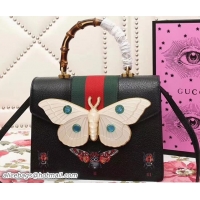 Top Design Gucci Web Moth Leather Medium Top Handle Bag 488691 Black 2018