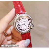 Grade Quality Cartier Diamonds Ballon Bleu De Watch With Crocodile Pattern Belt Red