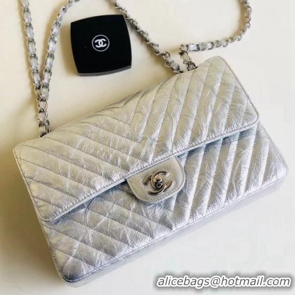 Best Grade Chanel Aged Metallic Silver Calfskin Medium Classic Flap Bag 121128