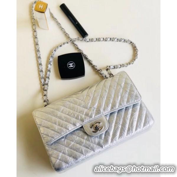 Best Grade Chanel Aged Metallic Silver Calfskin Medium Classic Flap Bag 121128