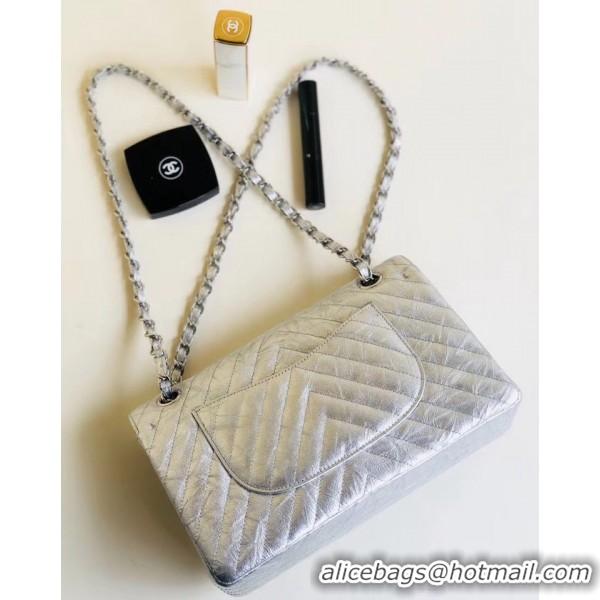 Best Grade Chanel Aged Metallic Silver Calfskin Medium Classic Flap Bag 121128